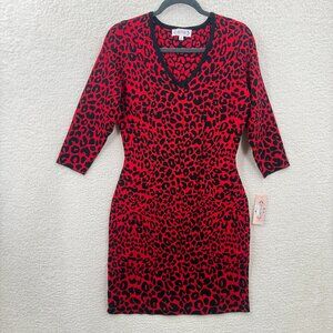 Nanette Lepore Red Animal Print Leopard Knit Sweater Dress V neck Long sleeve M